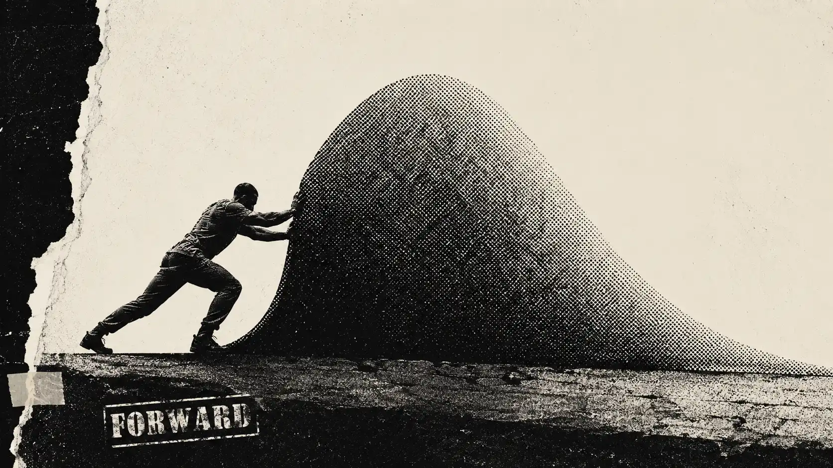 A lone figure braced against a hill-sized bell curve, pushing it to the right -- the Steel Man Resumes mark brought to life