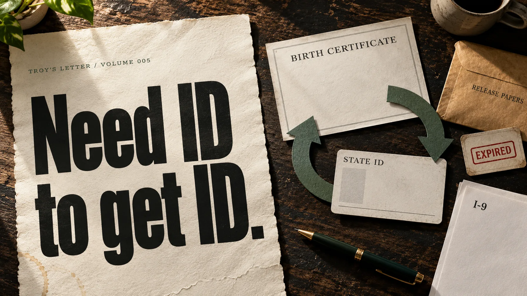Need ID to get ID. Generic birth certificate and state ID papers form a circular paperwork loop on a kitchen table.